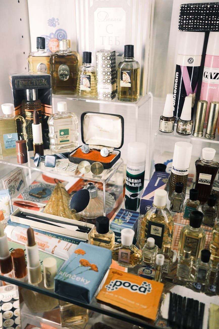 vintage soviet era perfume and cosmetics display