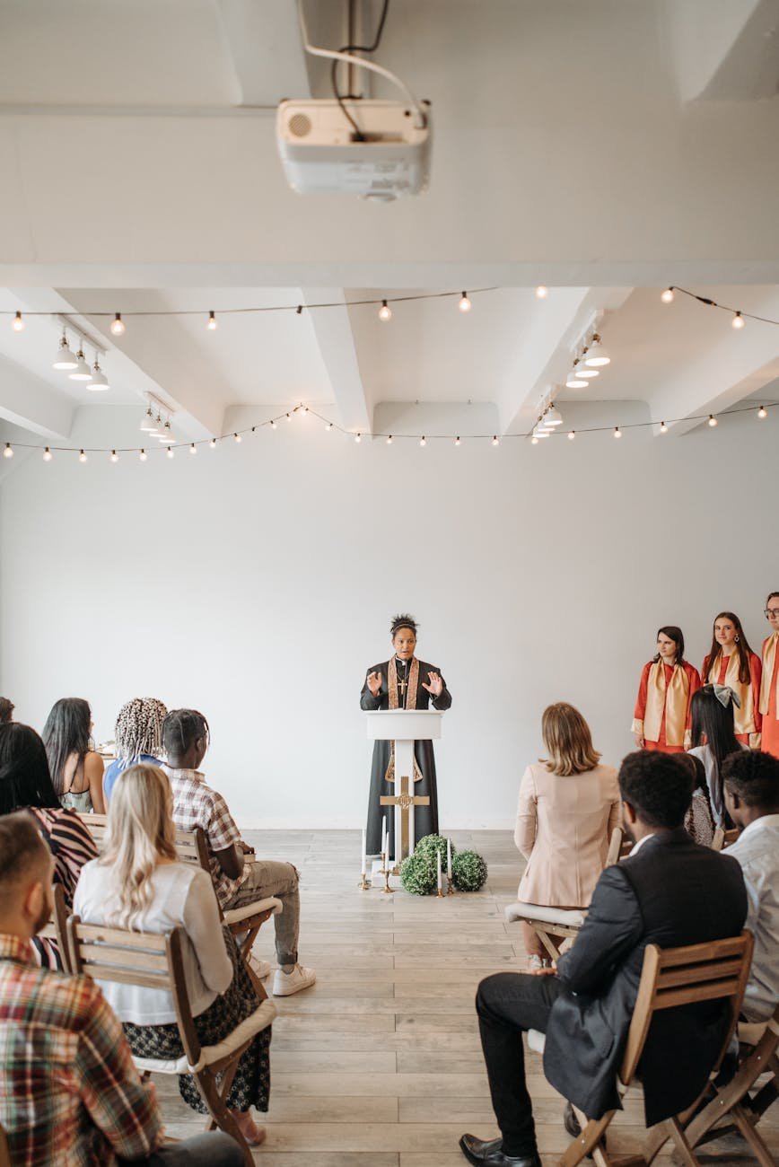 parishioners listening to a pastor talking